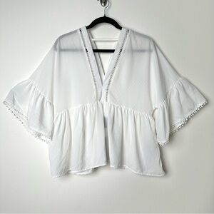 White V-Neck Cotton Blouse with Flared Sleeves
